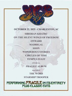 Yes band Fragile Tour Setlist Poster - Roger Dean design - Charleston SC 2025
